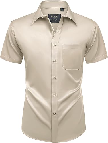 Miniatura 94 de Alimens & Gentle - Camisas de vestir con bolsillo y manga corta, de color liso y sin arrugas, estilo casual con botones, para hombres
