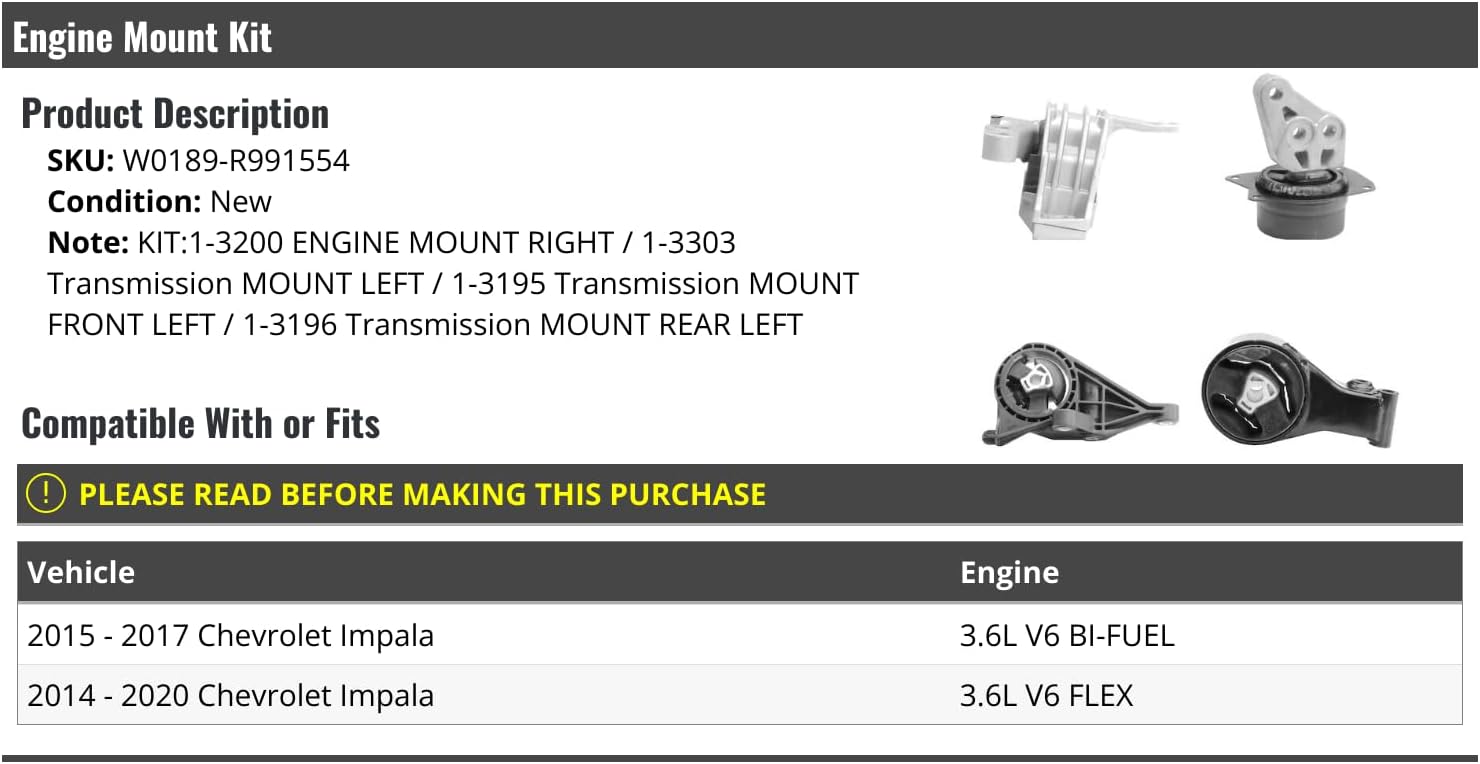 Engine Motor Mount and Transmission Mount Kit - 4-Piece - Compatible with 2014-2020 Chevy Impala 3.6L V6
