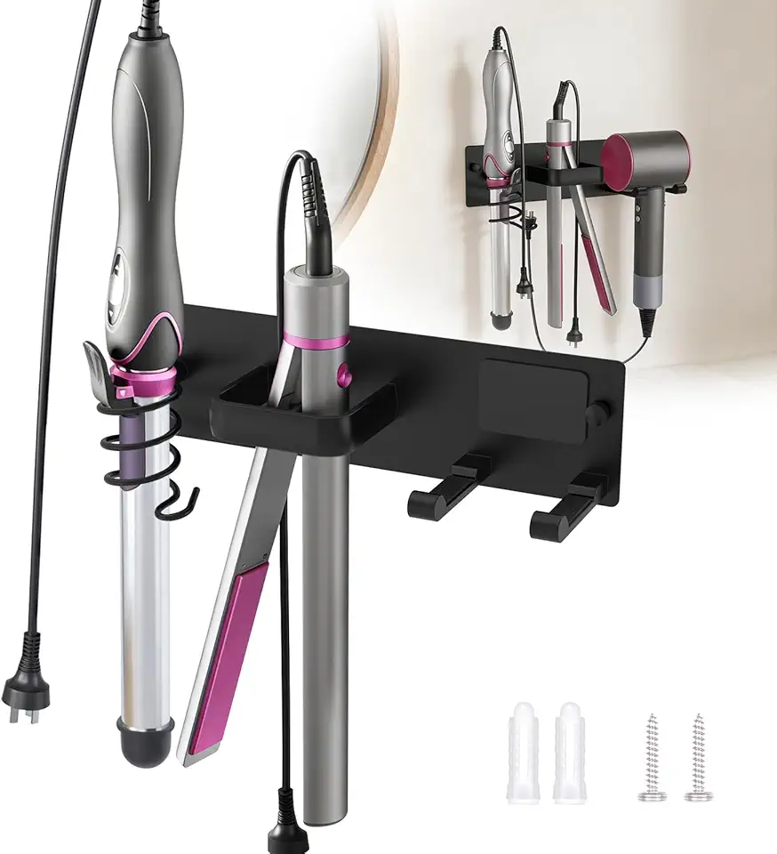 Suporte para secador de cabelo montado na parede, 12 x 3,2 em 3 em 1, organizador de ferramentas de cabelo de metal para banheiro, resistência a altas temperaturas e prevenção de ferrugem para secador