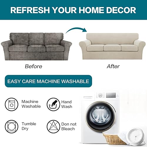 Miniatura 7 de Fundas de sofá de 4 piezas para sofá de 3 cojines, funda de sofá suave para perros, fundas de sofá lavables con 3 fundas de cojín individuales,