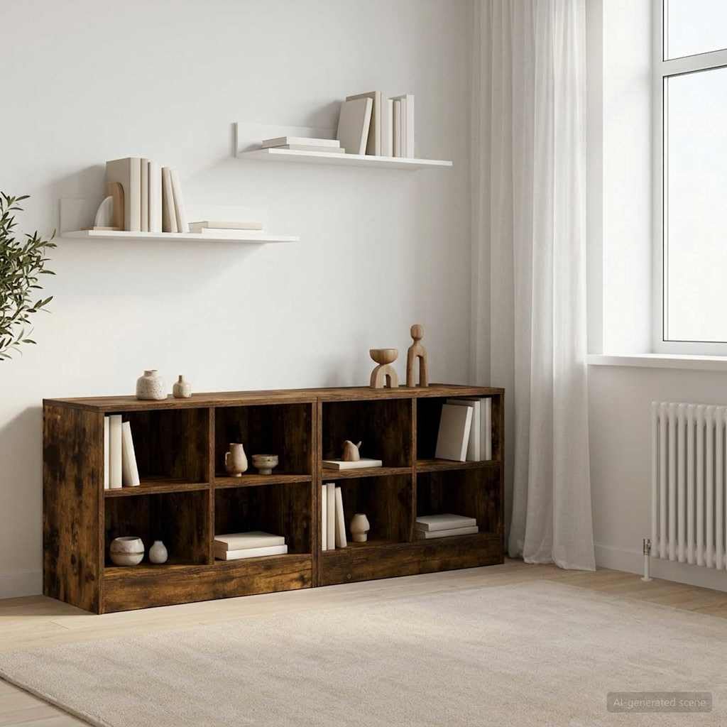 Szafka na łóżko z regałem z materiału drewnopochodnego w kolorze wędzonego dębu, 66 x 33 x 48 cm, 2-częściowy zestaw z 4 półkami, praktyczne przechowywanie do sypialni i salonu