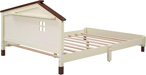 Miniatura 6 de Base de cama de tamaño matrimonial con cabecera en forma de casa marco de cama de madera con plataforma completa para niños con estante detrás