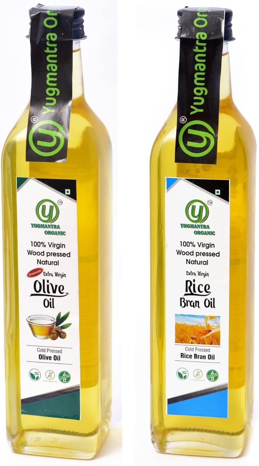Yugmantra Organic Foods Wood Pressed Natural Organic Olive Oil & Rice Bran Oil Cold Pressed | Kachi Ghani | Chemical Free 500 ml X 2