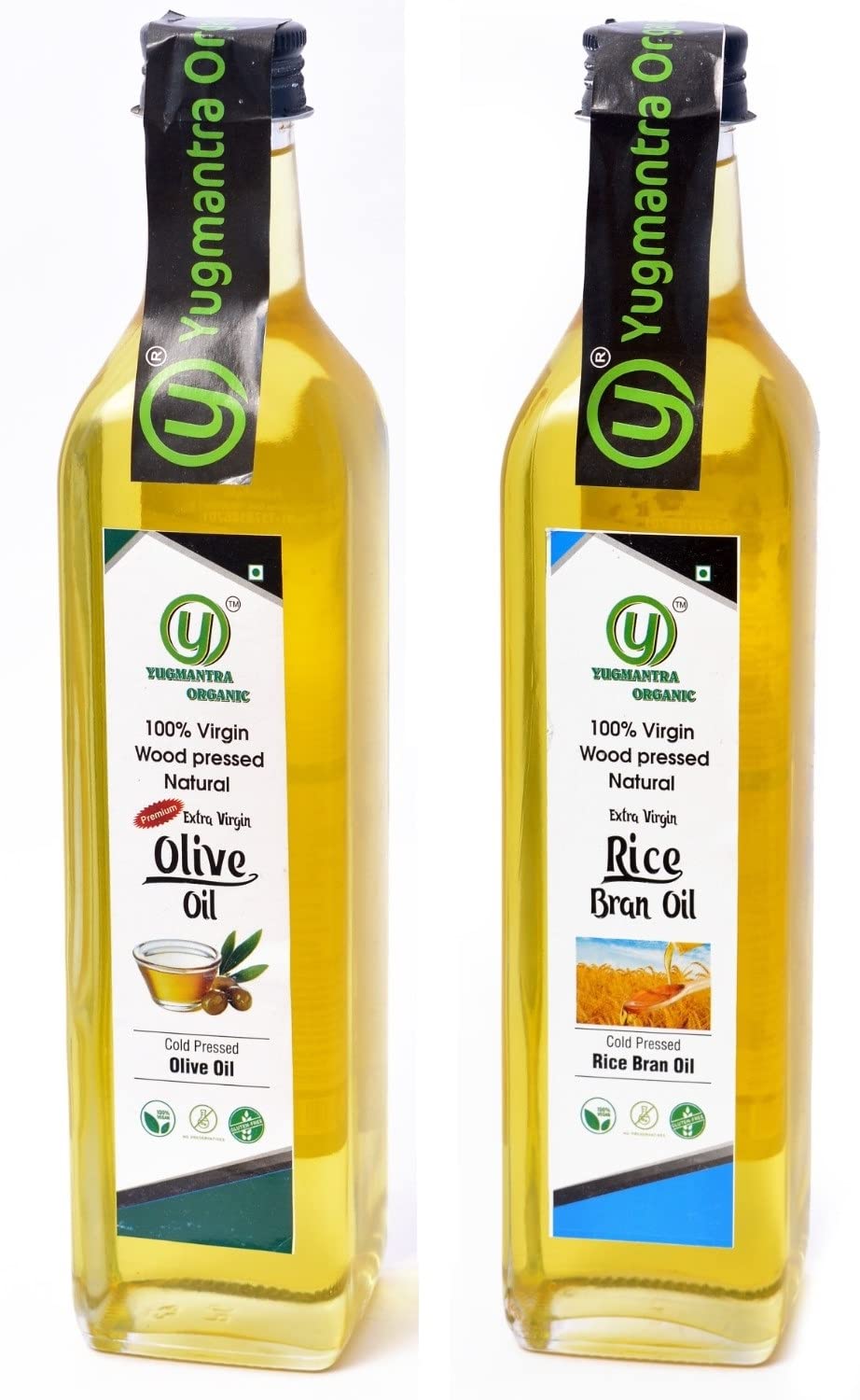 Yugmantra Organic Foods Wood Pressed Natural Organic Olive Oil & Rice Bran Oil Cold Pressed | Kachi Ghani | Chemical Free 500 ml X 2