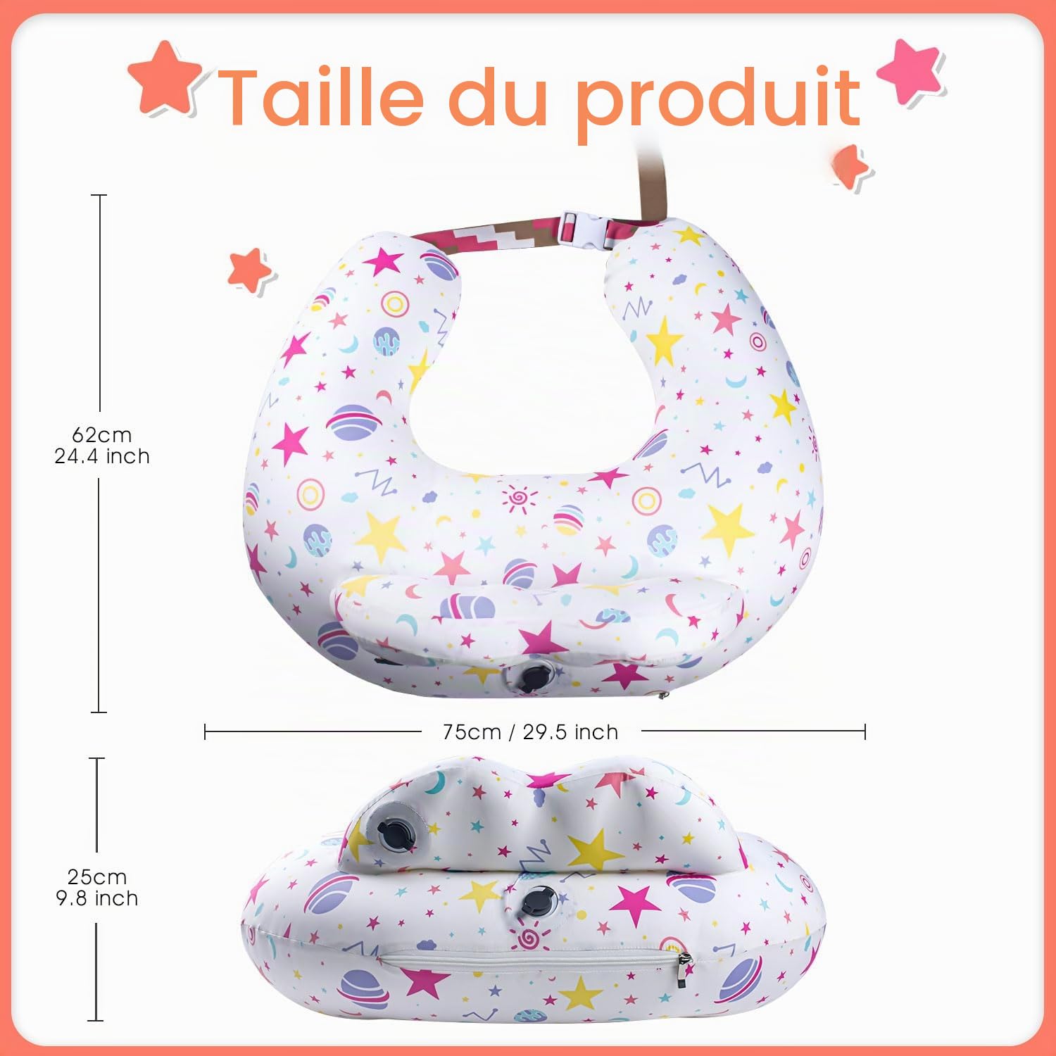 Coussin d'allaitement gonflable pour allaitement - Coussin d'alimentation de voyage pour le soutien maternel, ceinture de taille réglable, housse amovible 100 % coton - Accessoire portable essentiel