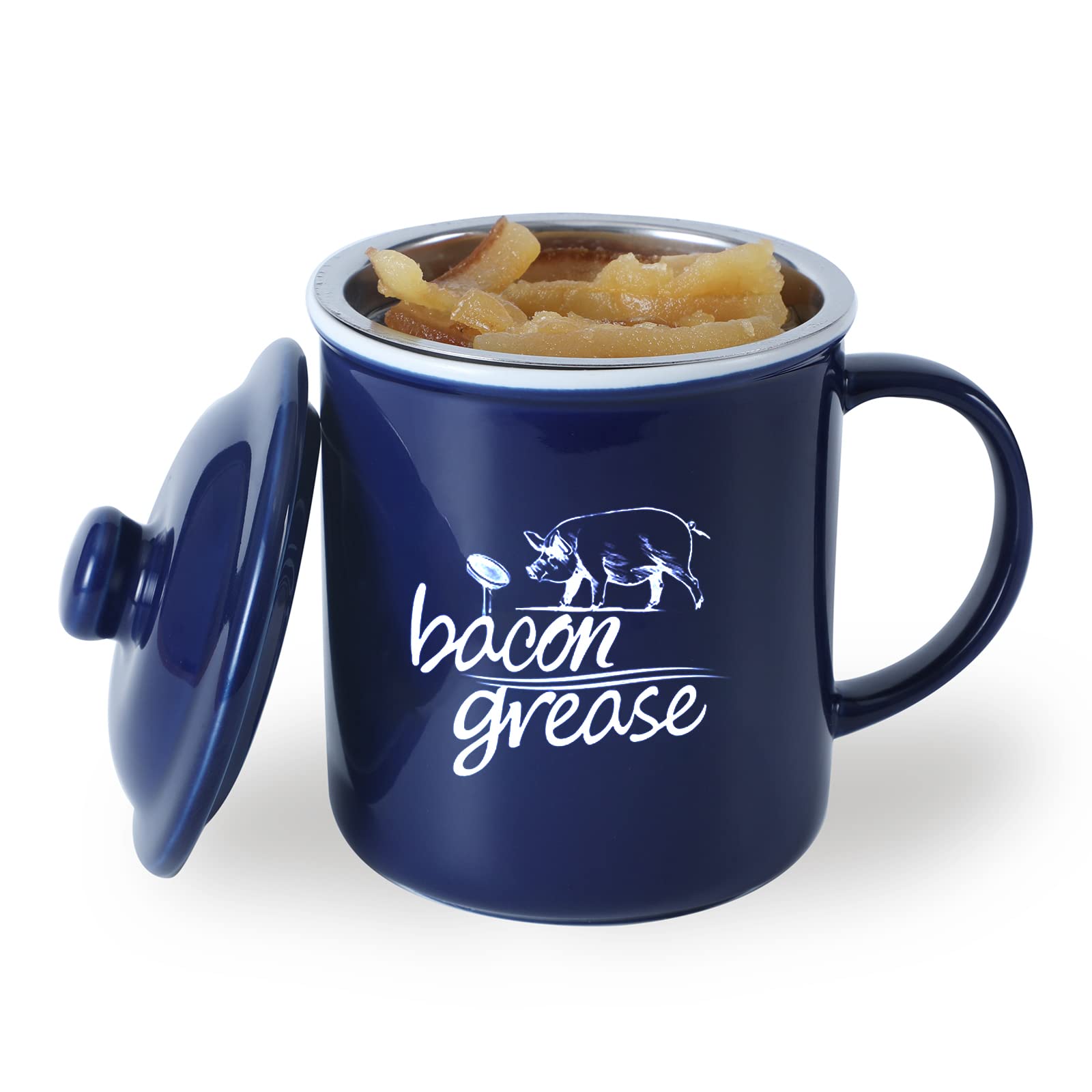 ONTUBE Ceramic Bacon Grease Container with Strainer, Cooking Oil Storage Can Grease Keeper for Kitchen, Navy