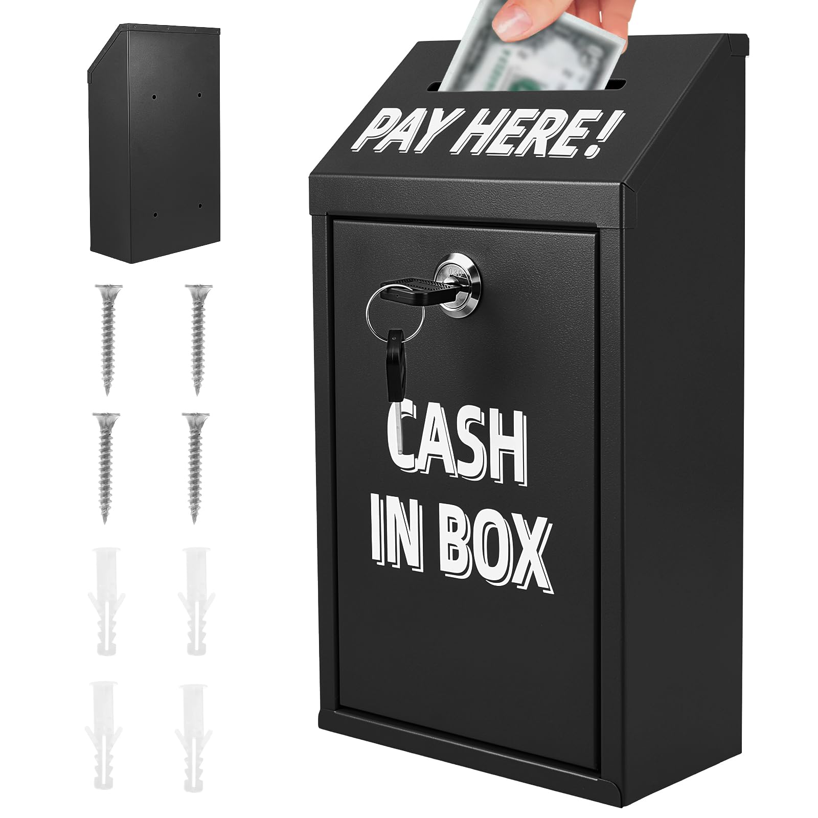 Metal Donation Box with Lock, Small Suggestion & Ballot Box for Charity Collection, Countertop Wall Mounted Secure Money Key Cash Drop Boxes for Home, Office, Church(Black)
