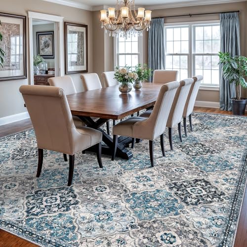 KILOCOCO 9x12 Area Rug, Moroccan Super Soft Washable Entryway Rug, Accent Print Faux Wool Non-Slip Boho Carpet for Laundry Room Bedroom, Blue/Multi
