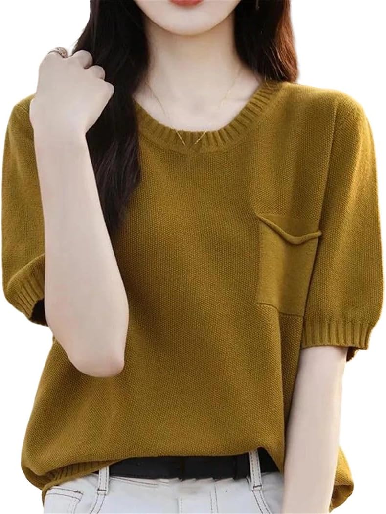 Women's Summer Short Sleeve Crewneck Sweater Loose Fit Knit Top with Pocket Soft Ice Silk Thin Casual T-Shirt