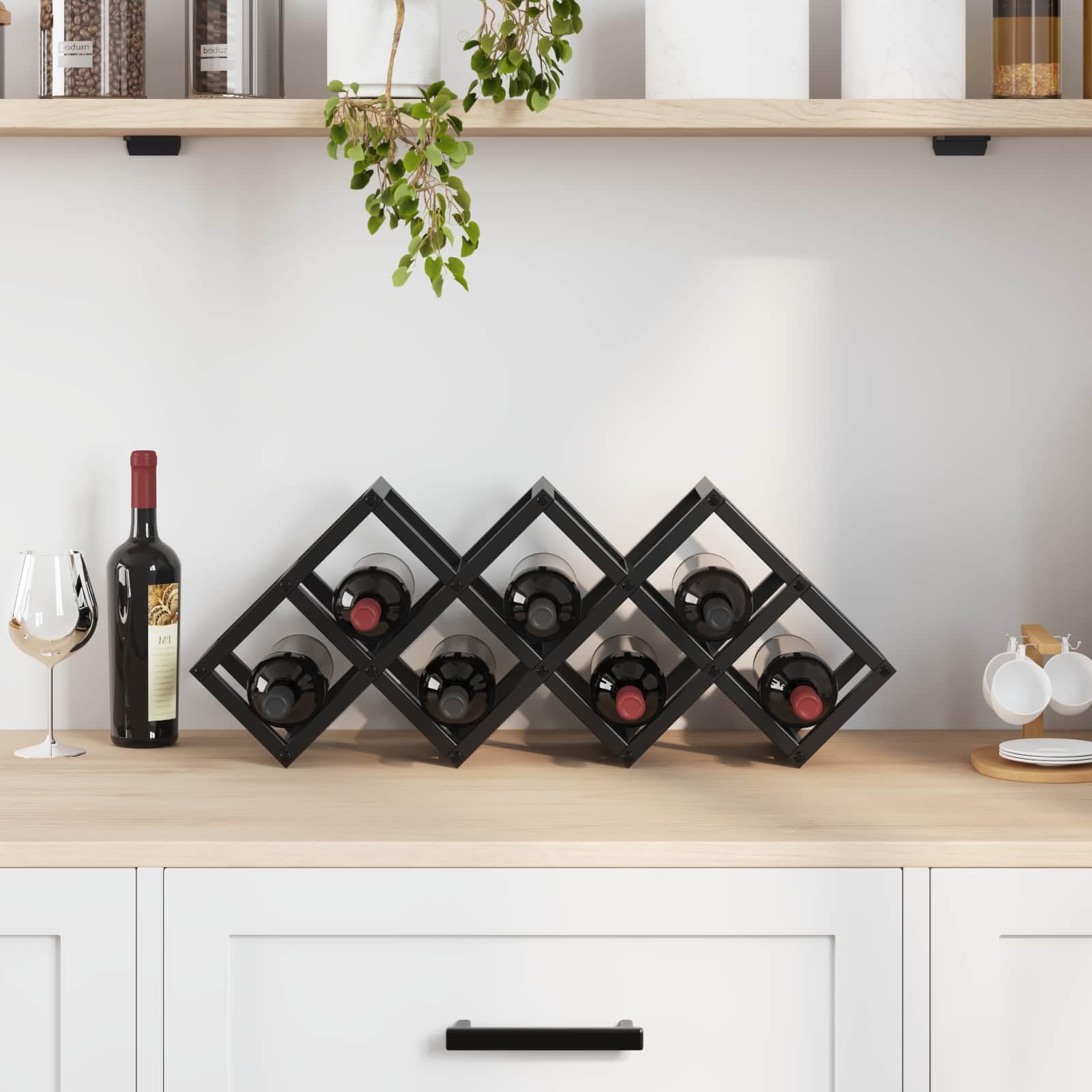 Générique Nowoczesny stojak na wino ze stali malowanej proszkowo na czarno, przechowywanie butelek 63 x 16,5 x 25 cm, prostokątny stojak na wino do kuchni lub baru, łatwy montaż