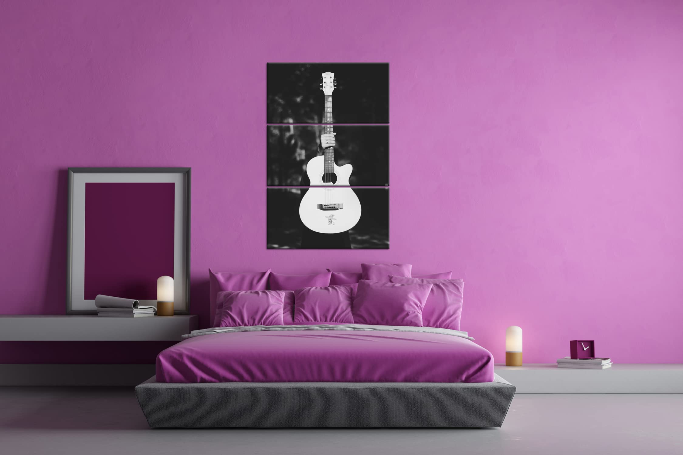 deyoli Chitarra acustica bianca Formato: 120 x 80 cm (3 pezzi). Effetto: bianco e nero come tela su tela, motivo già incorniciato su telaio in vero legno, stampa digitale di alta qualità con cornice