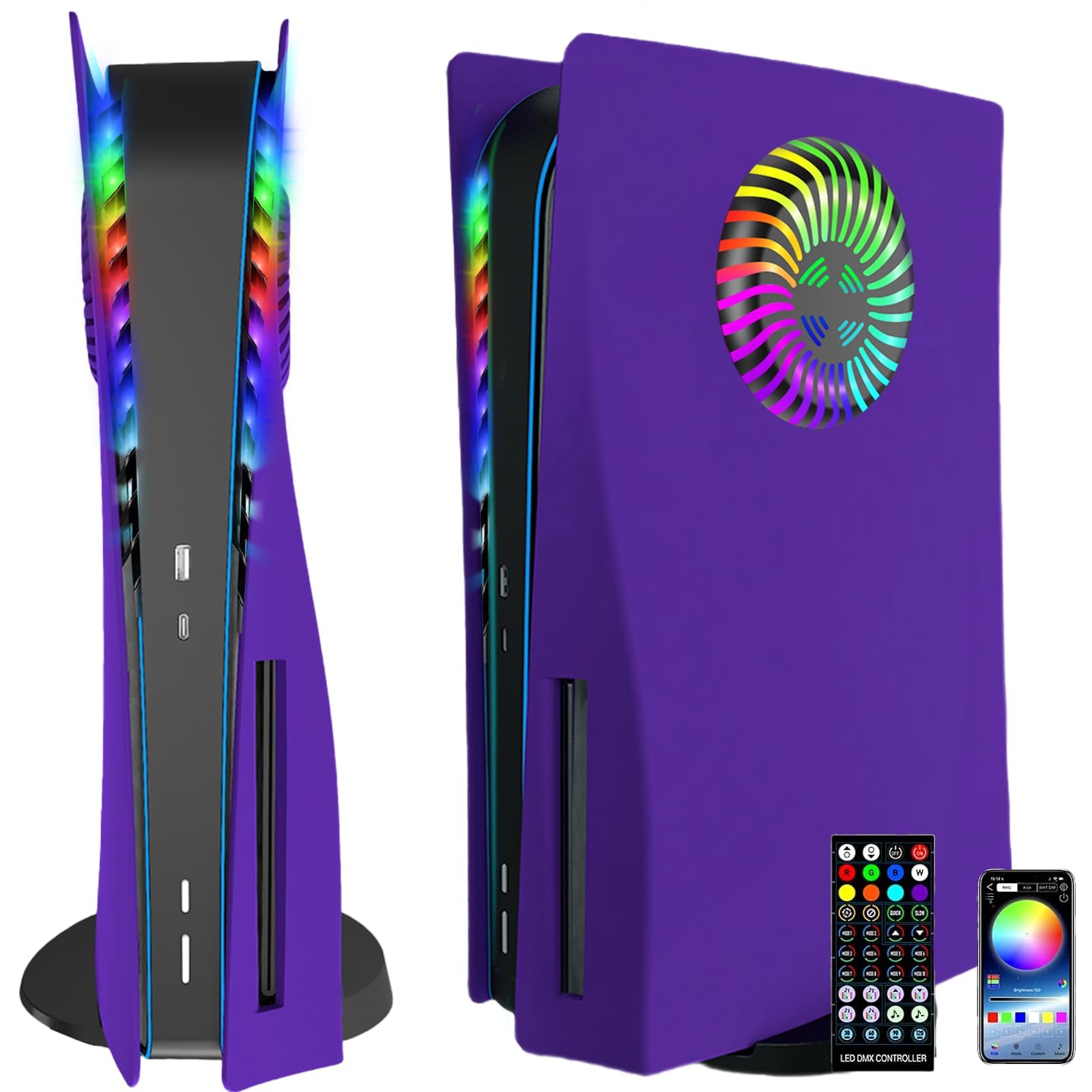 for PS5 Faceplates with Cooling Vents LED Lights, Megadream Cooling Cover Replacement Plates Shell Accessories Anti-Scratch Dustproof with RGB Lights Package for PlayStation 5 Disc Edition (Purple)