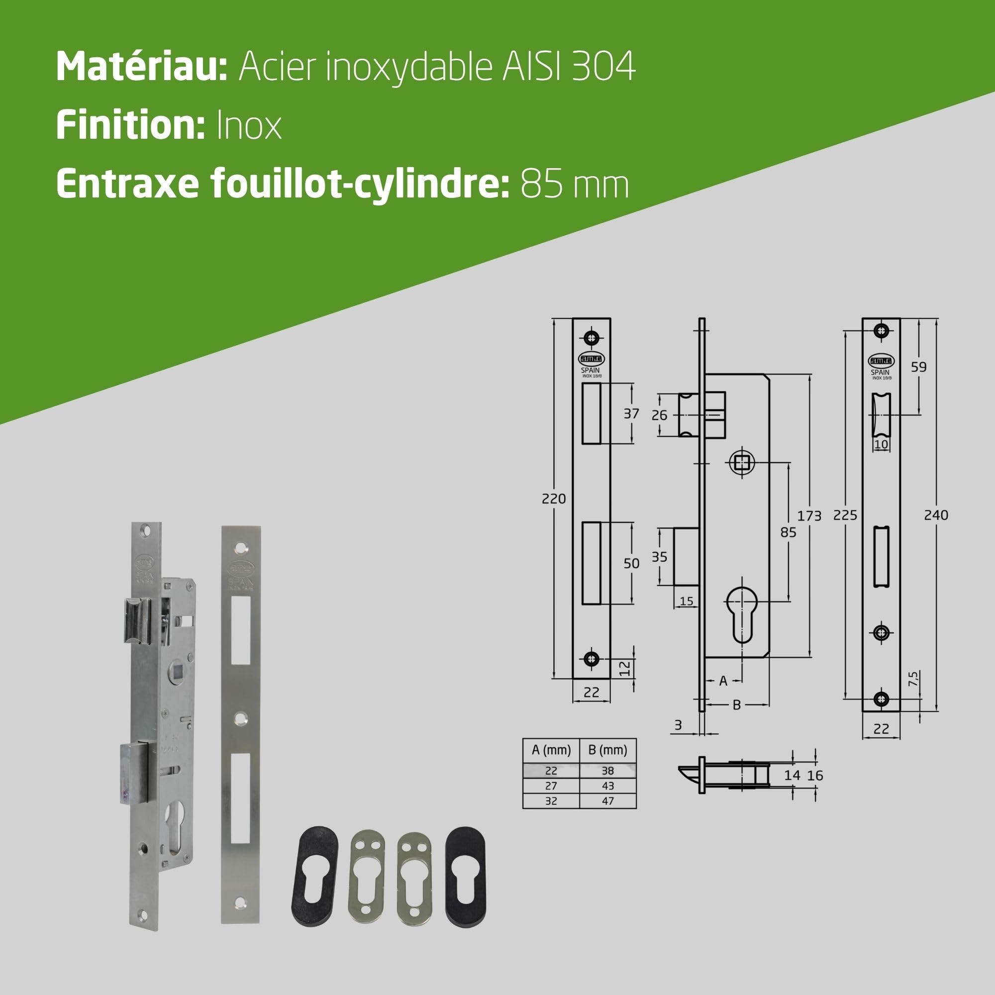 Amig - Serrure à mortaise pour menuiserie métallique - 32 mm - Pour cylindre Europrofilé à came de 15 mm - Poignée réversible - Acier inoxydable - Cylindre et clés non inclus