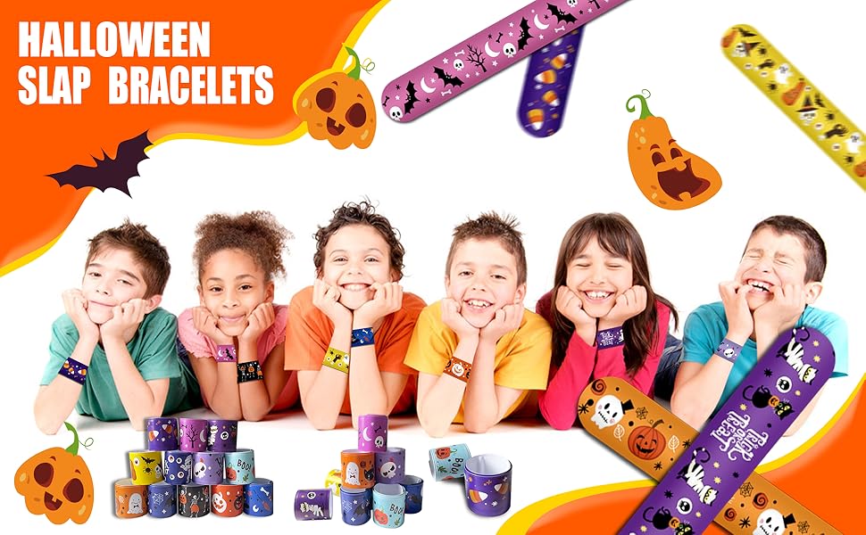 Yumcute – Lot De 48 Bracelets Slap Halloween – Citrouille, Sorcière, Crâne – 21,6 X 3 Cm – Sacs De Fête Et Cadeaux