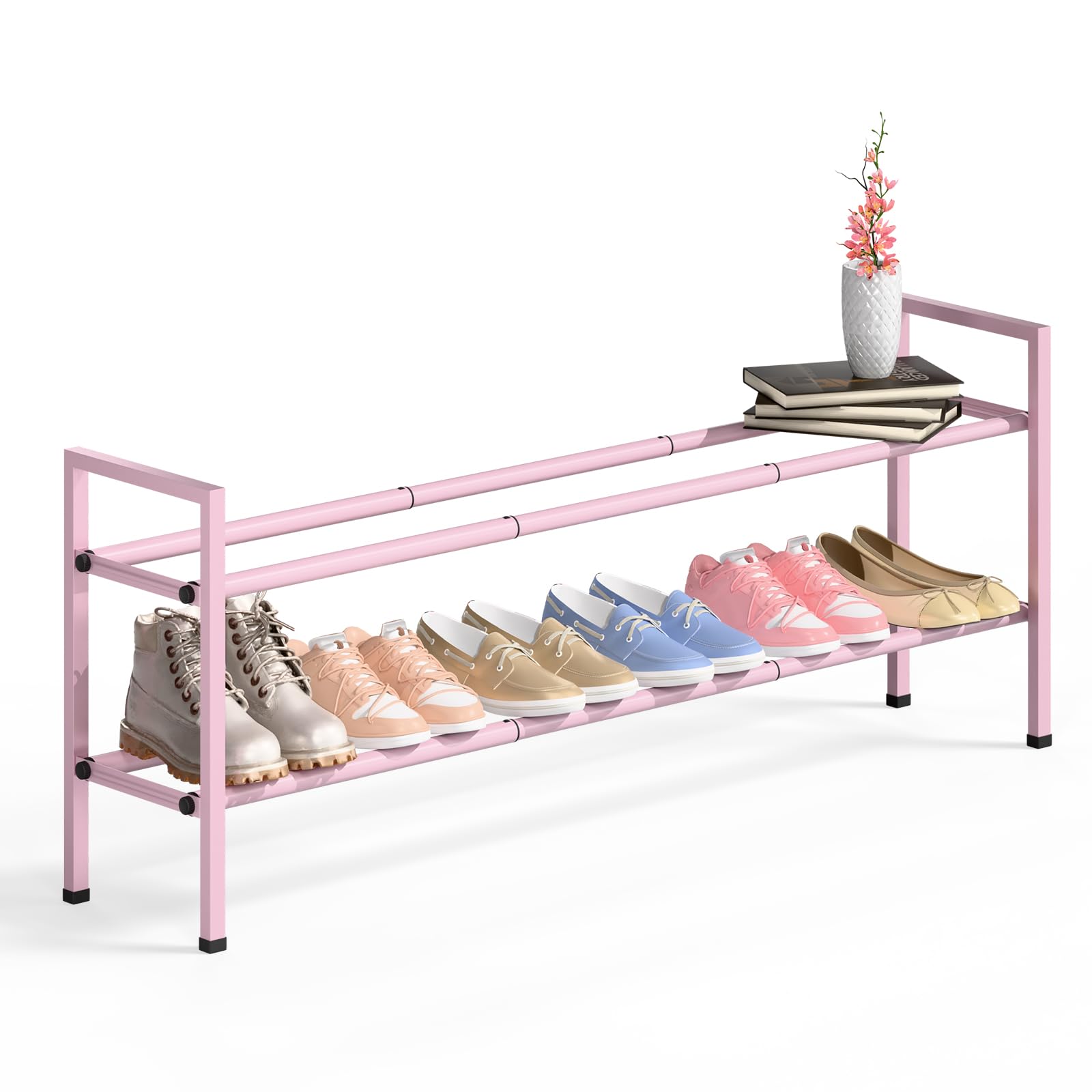 Bumusty 2-Tier Long Expandable Shoe Rack for Closet, 18"-44" Adjustable Shoe Rack for Entryway, 10-12 Pairs Large Shoe Organizer Shelf Storage, Sturdy