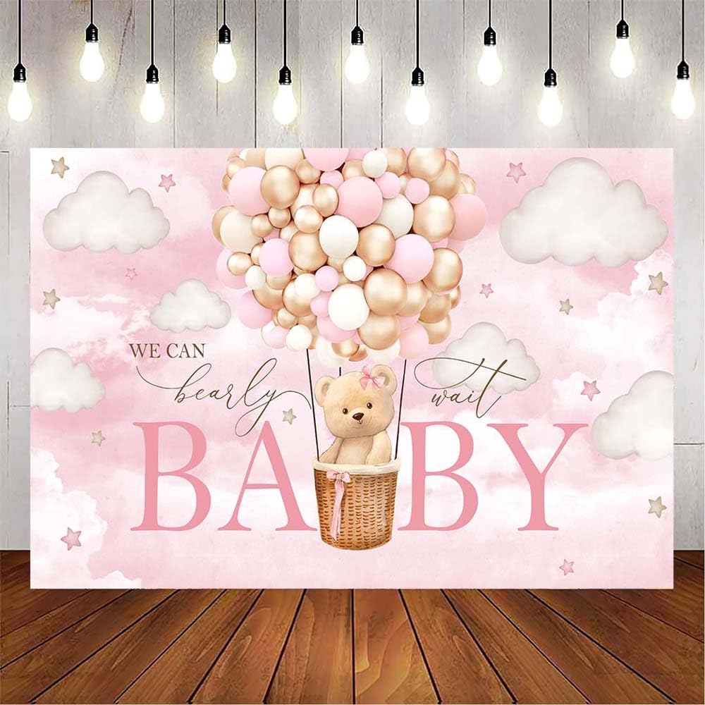 VanillaBay We Can Bearly Wait Backdrop Pink Bear Gender Reveal Baby Shower Photo Backdrops Clouds Balloons Party Decorations Supplies Photography