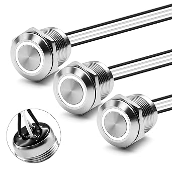 3Pcs 19MM Momentary LED Push Button Switch, IP67 Waterproof 12V 20A DC with Pre-Wired Leads for Motorcycle Horn, Engine Start White LED, 1NO 1NC, 304 Stainless Steel