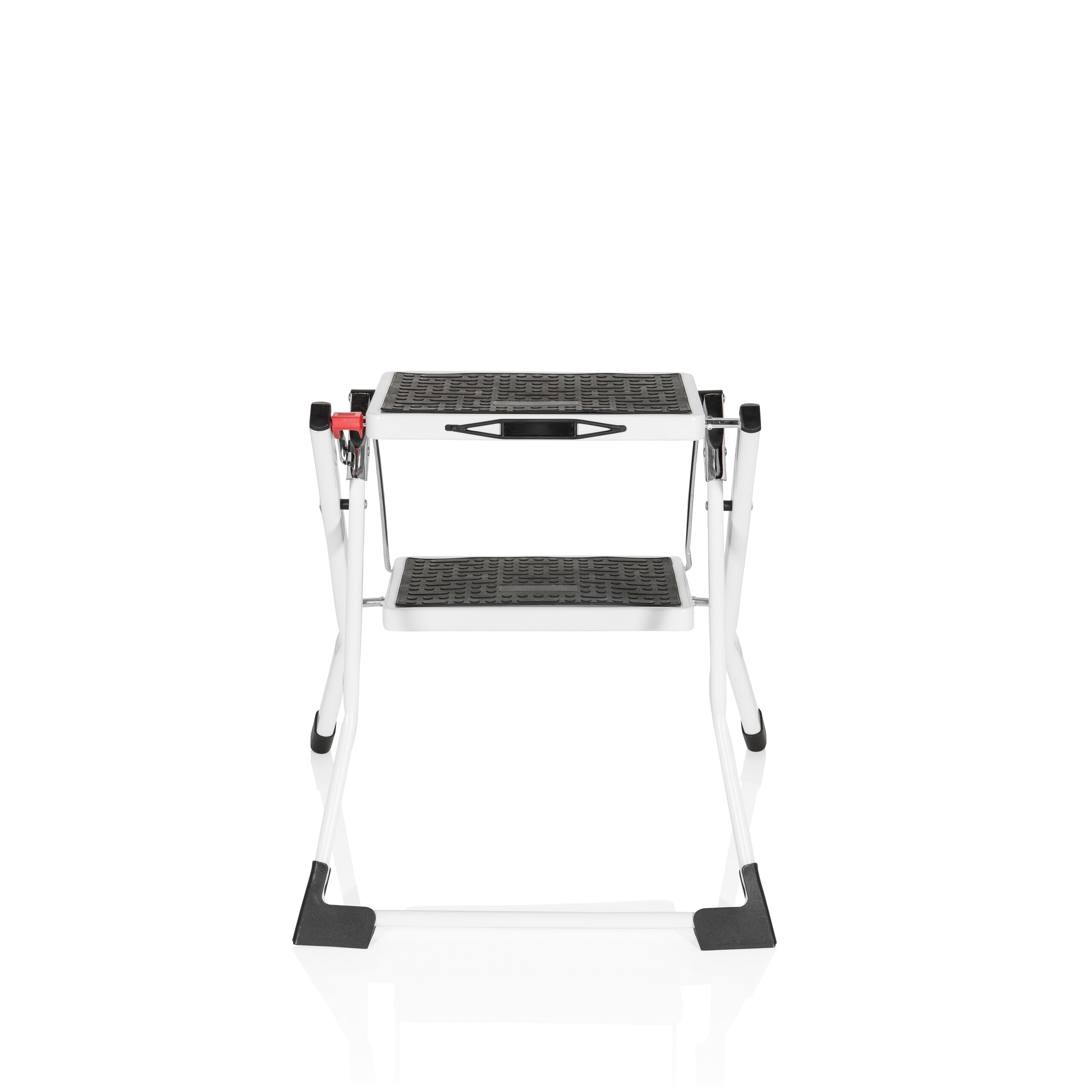 hjh OFFICE 801200 Gradino pieghevole a 2 gradini SOLID W1 Gradino pieghevole in acciaio, portata fino a 150 kg, chiusura di sicurezza pieghevole, maniglia di trasporto, gradino, bianco