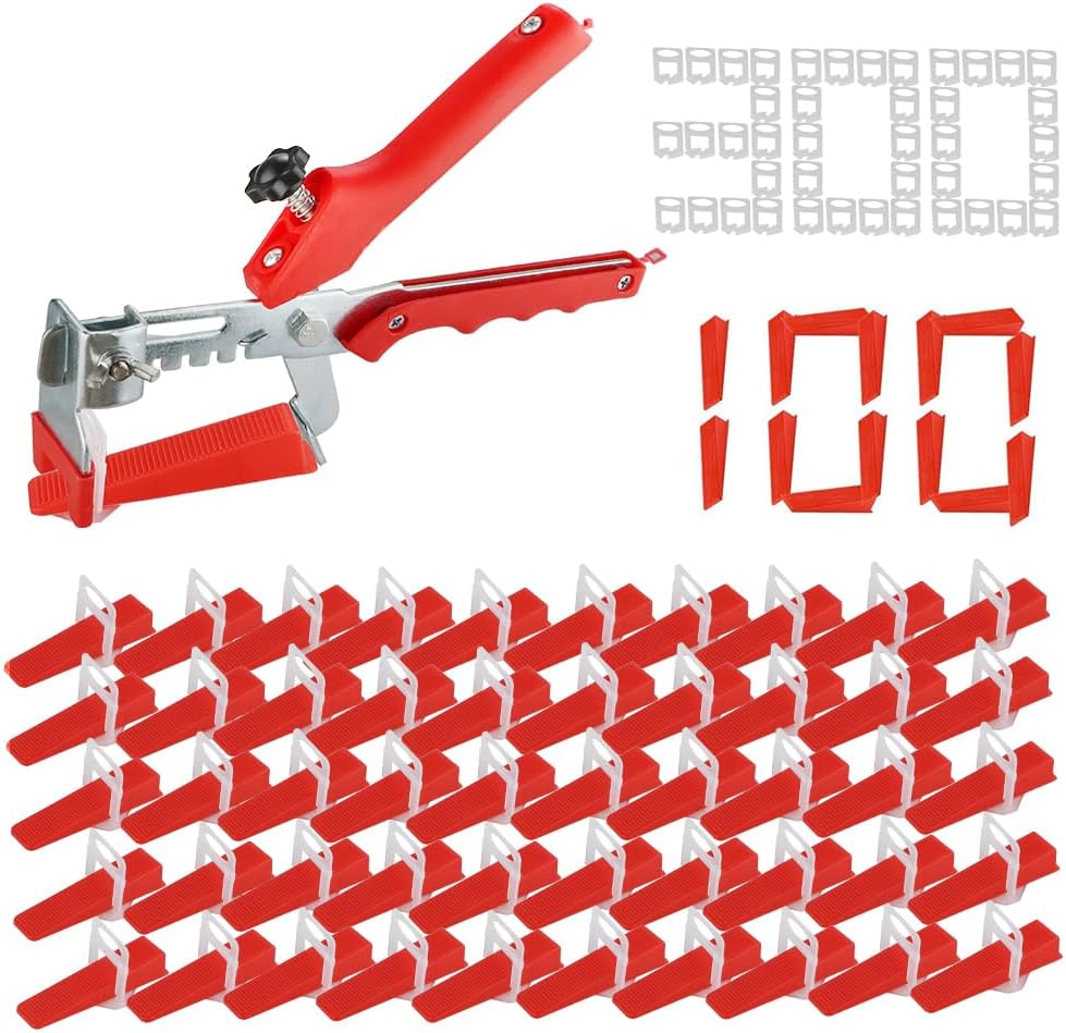 Tile Leveling System Kit 2mm, 300pcs Tile Spacer Clips and 100pcs Reusable Wedges with 1pc Tile Leveling Pliers, Tile Levelling Tool Kit for Floor Wall Ceramic Tile and Stone Installation