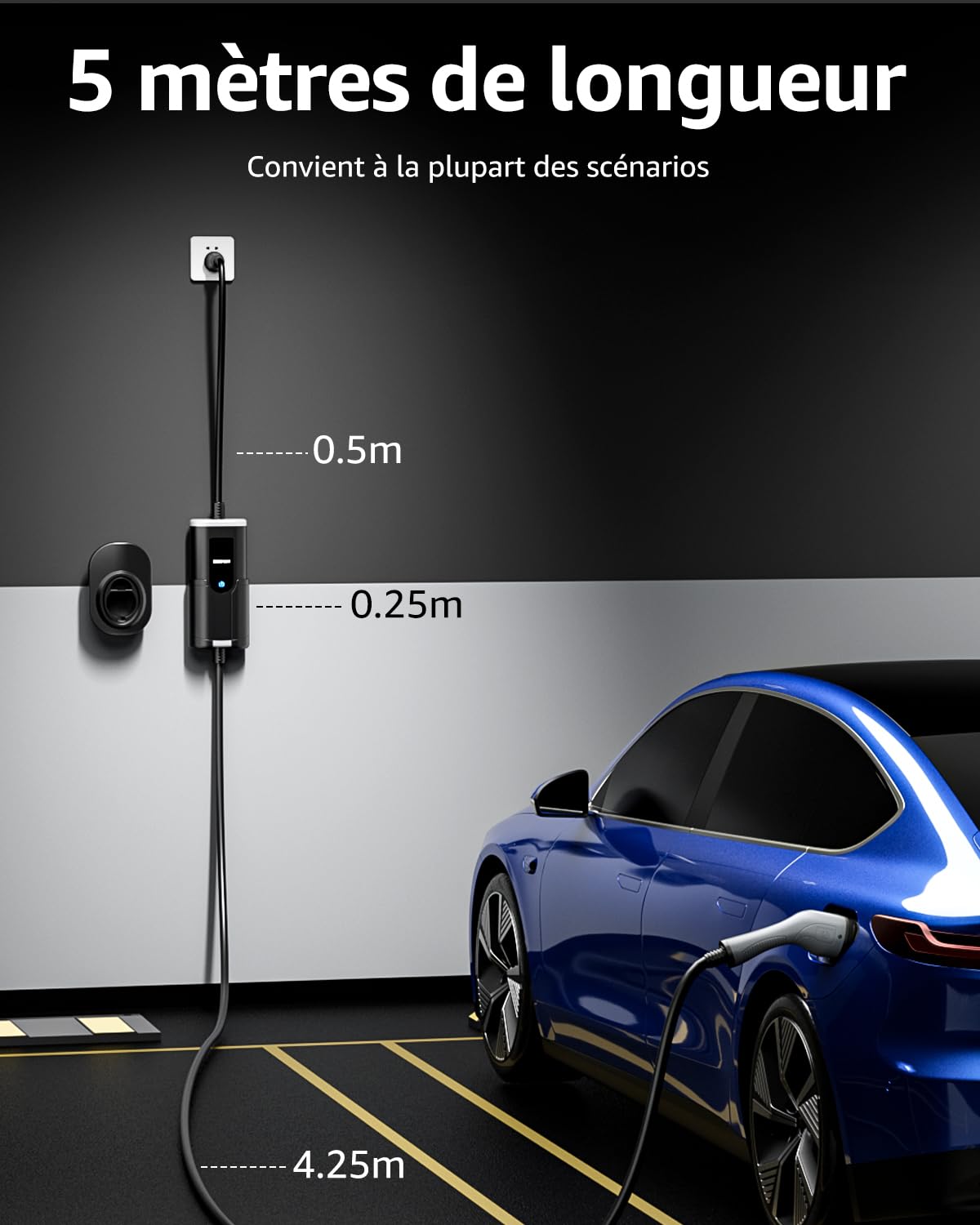 bokman Chargeur Voiture Electrique, (16A, 3.68kW, 5m) Type 2 EVSE Portable Recharge Voiture Electrique Compatible avec Model 3, Model Y, EX30, XC60, Q4, MG4, 208EV et PHEVs
