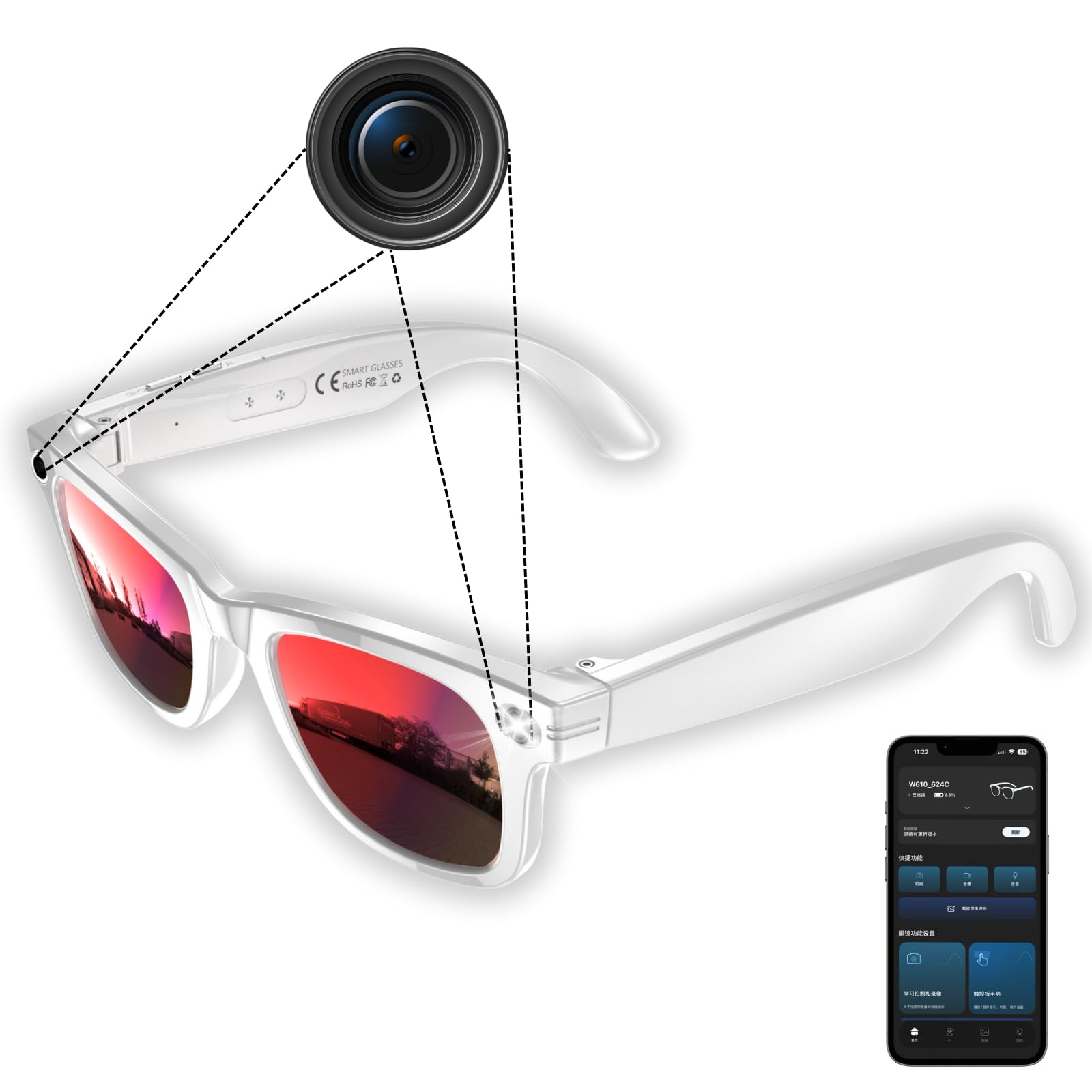Smart Camera Glasses 8MP Hands-Free Photo Video AI Object Recognition with Voice Feedback Real-Time Translation Bluetooth 5 3