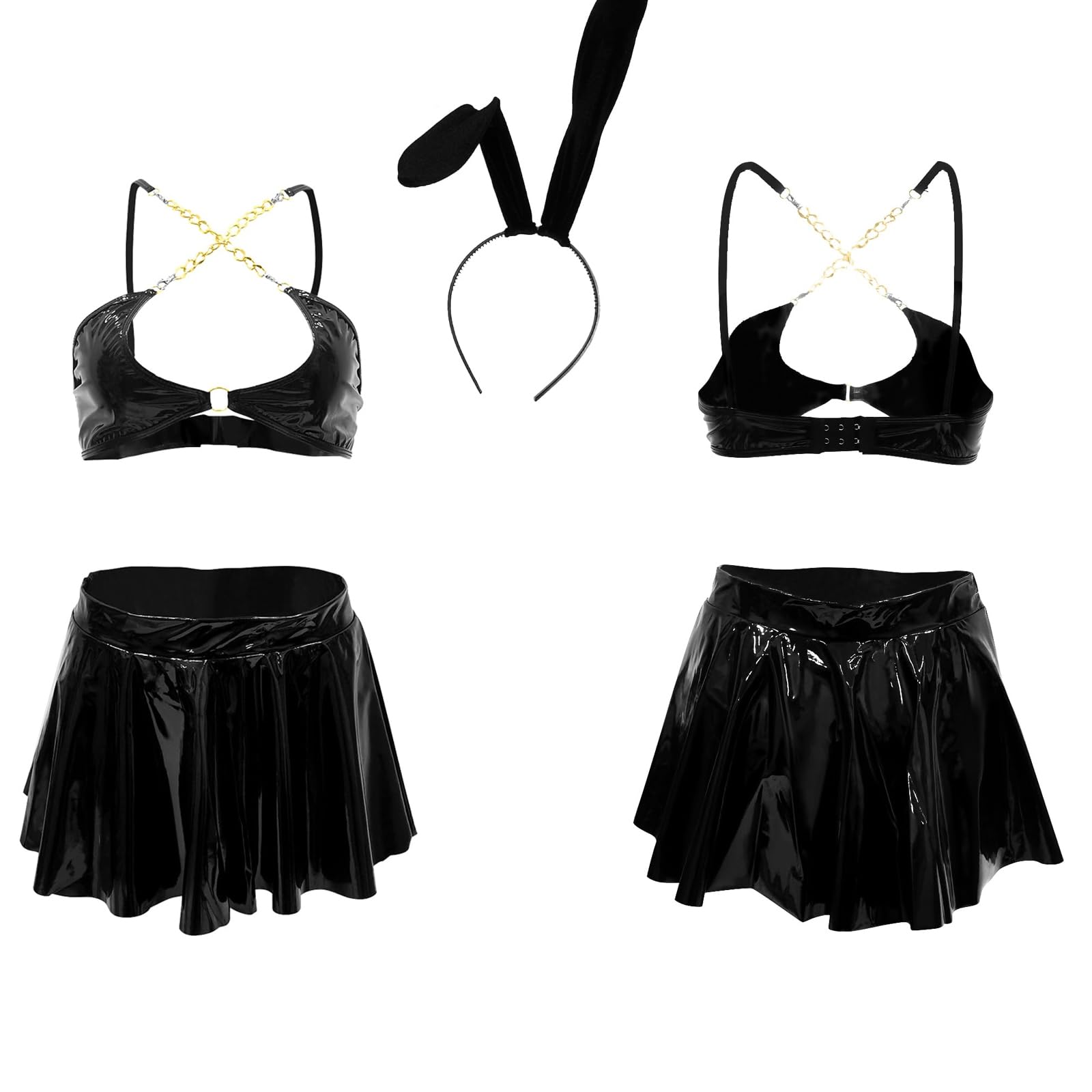 MIZSPISE Ensemble de Tenue Sexy Club Femme Cuir Mini Jupe et Haut Hot Coquine Vêtements Fête Cosplay Bar Soiree Carnaval Combinaison Lingerie Courte Vacances Anniversaire Noir Rouge Rose