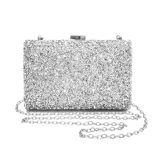 Bolsa Clutch Festa Feminina Prata Full Diamond Estilo Hip-Hop Mão Ombro Transversal Com Correntes Removíveis