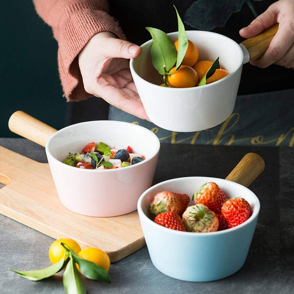 Suppenschüsseln im japanischen Stil mit Griff, 400 ml Holzgriff Verbrühungssicherer Salat Dessert Obstkeramik Geschirr-Pink