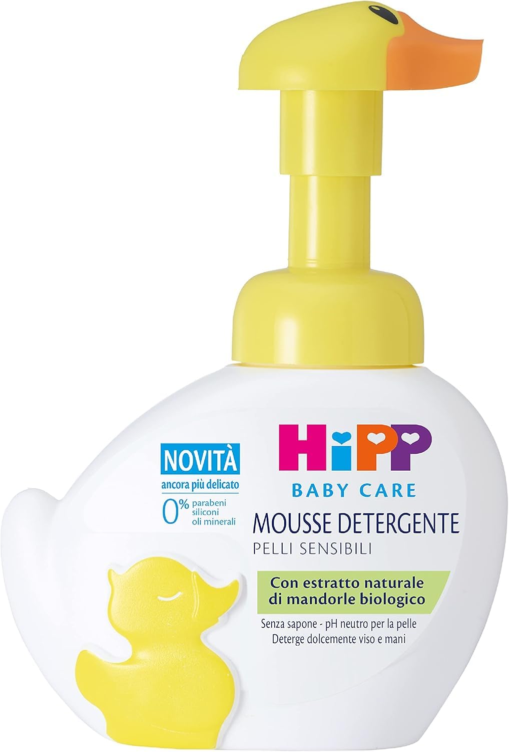 HiPP - Baby Care - Mousse Detergente per Bambini a Forma di Simpatica Paperella, Deterge e Idrata Corpo e Mani, per Pelli Sensibili, con Estratto Naturale di Mandorle Bio, 1 Flacone da 250 ml