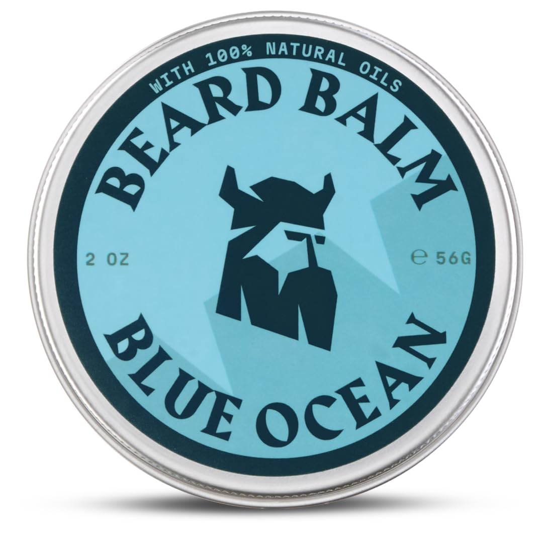 striking viking beard balm for men - leave in beard conditioner - styling balm made with naturally derived beard butter, argan & jojoba oils (2 ounce (pack of 1), blue ocean)