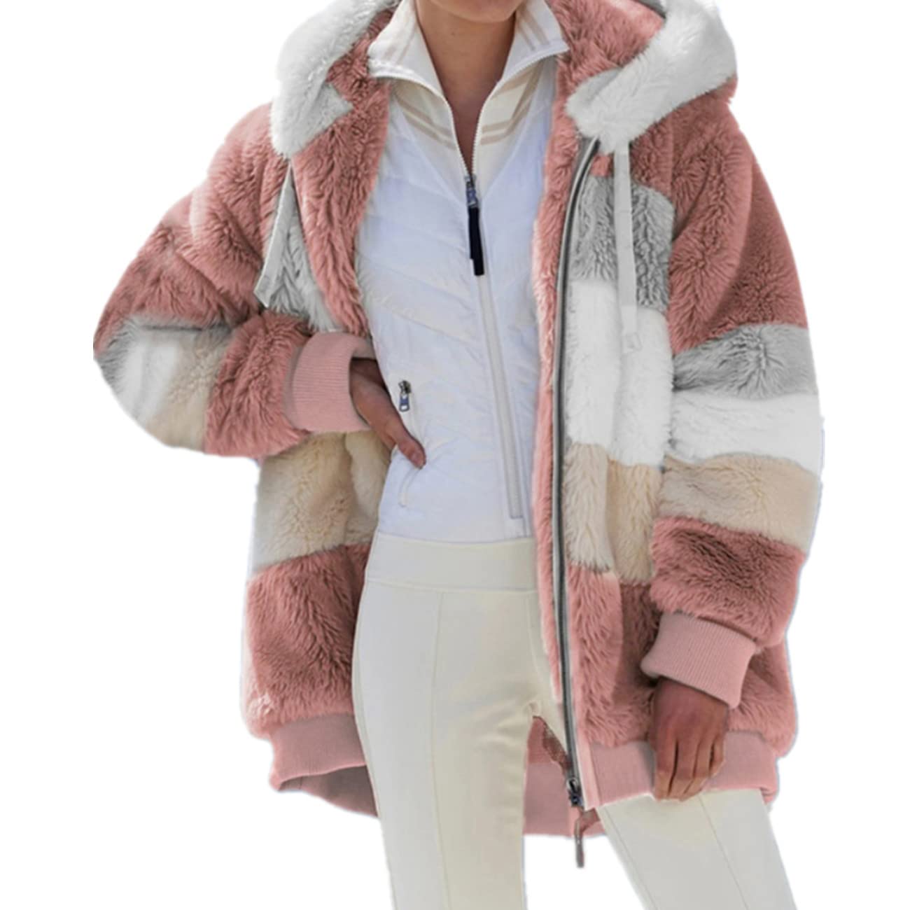 MENSUWomens Coat Long Sleeve Zip Up Thick Warm Teddy Fleece Cosy Sweatshirt  Pullover Jumper Jacket with Pockets Women Plus Size Patchwork Slim Fit