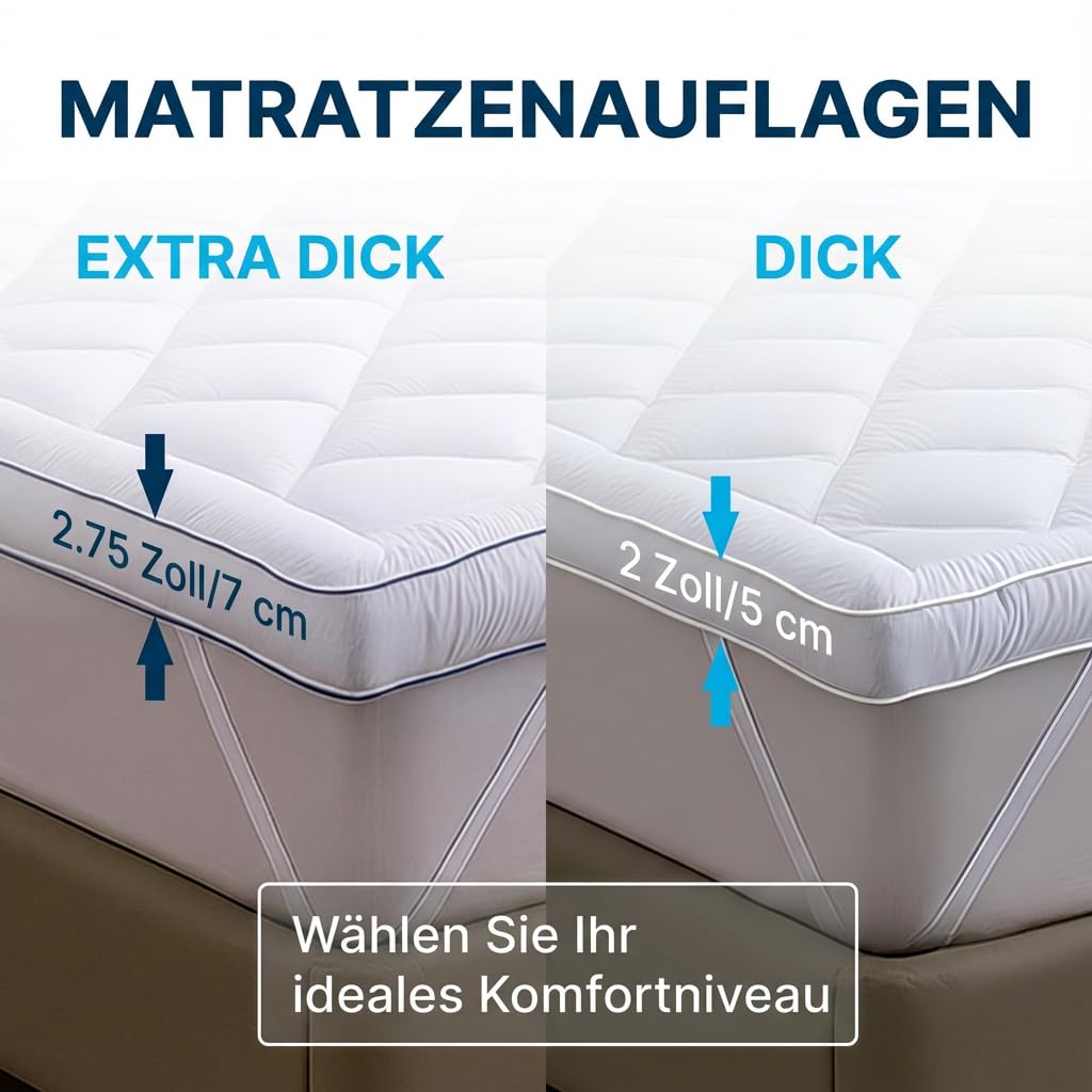 Komfort-Matratzenauflage 160x200 cm - Atmungsaktive Mikrofaser, hypoallergen und milbenhemmend, 800 g Füllung - rutschfest mit Gummibändern - Ideal für 2 Personen.