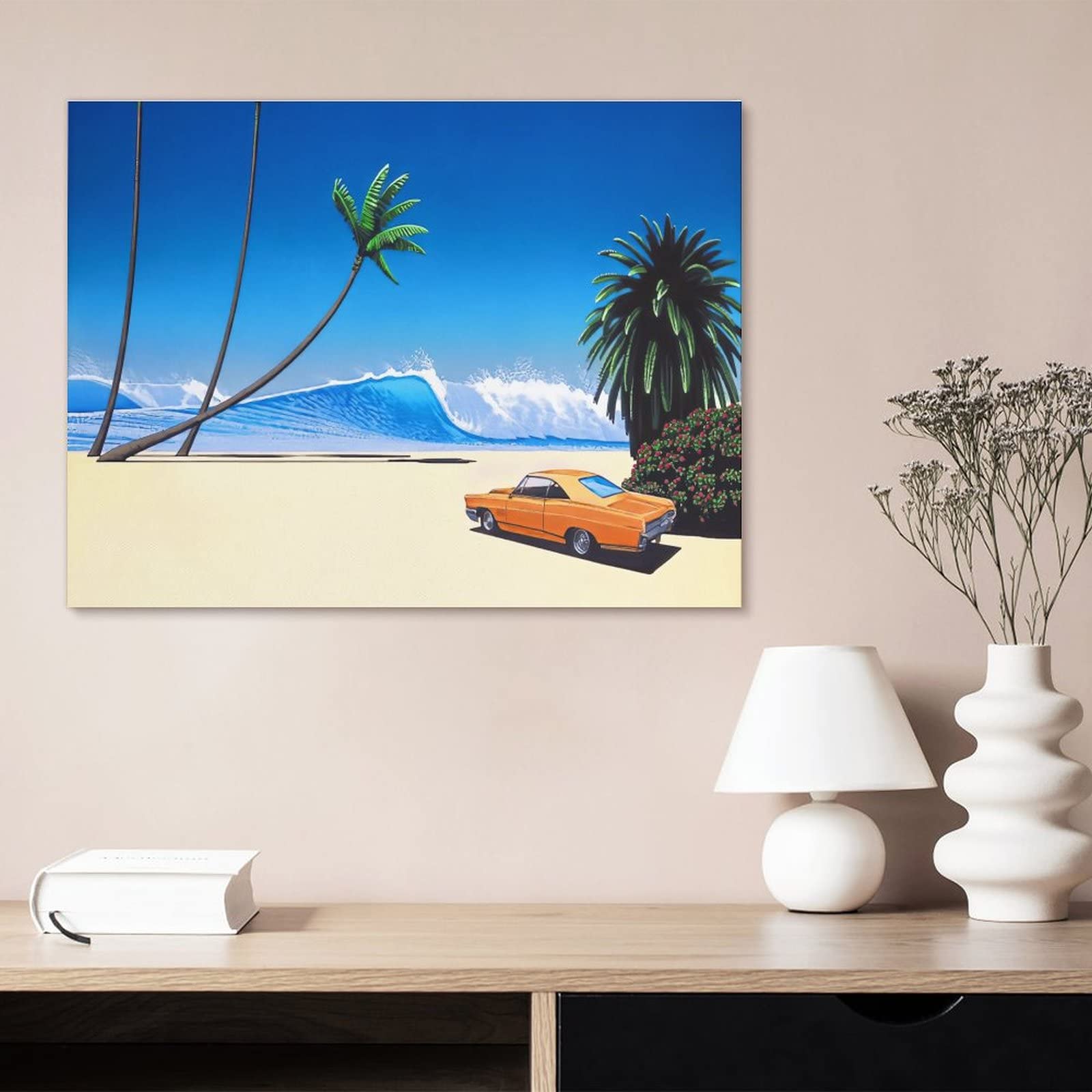 Amazon.co.jp: 絵画 オレンジ車大きな波ヤシの木ビーチインテリア 絵画