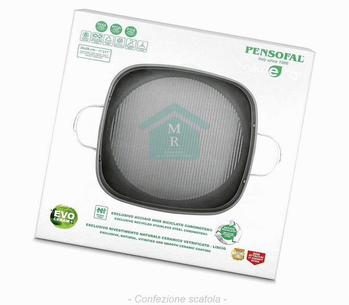 Generico Bistecchiera in Acciaio Inox, 28x28 cm, interno Antiaderente in Ceramica naturale fondo Induzione