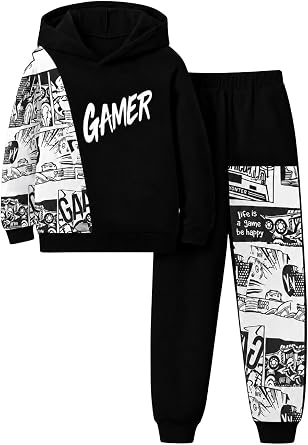 OLMRJKD Boys Clothes Long Sleeve Colorblock Hoodie Sweatshirt & Pant 2PCS Fall Outfits Size 5-12 Years