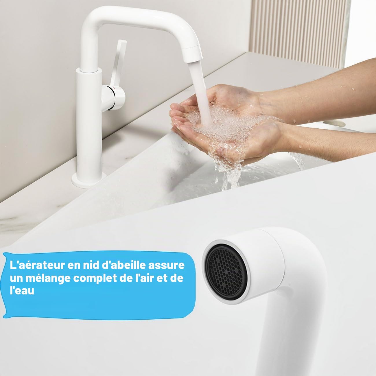 ONECE Robinet Rotatif à 360° Vasque à Poser, Mitigeur Salle de Bains, Blanc | Robinet de Lavabo Haut , Matériau en Acier Inoxydable Résistant à L'usure, Mousseur Remplaçable