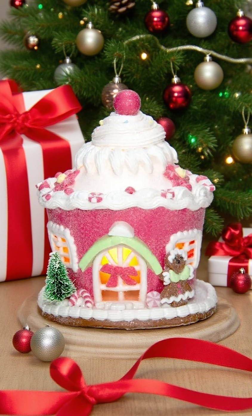 Pink Christmas Gingerbread House Decor, Light Up Gingerbread House Xmas Village Ornaments, LED Candy House Gingerbread Decorations Desktop Adornment for Christmas Decor