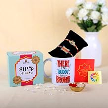 SATVIK - 10 Oz Coffee Mug with Set of 2 Rakhi Gift Set Ceramic Tea Cup with Rakhi Threads Raksha Bandhan Gift Combo for Brother Festival Gift Mug Set l Roli Tikka & Stickers Inside