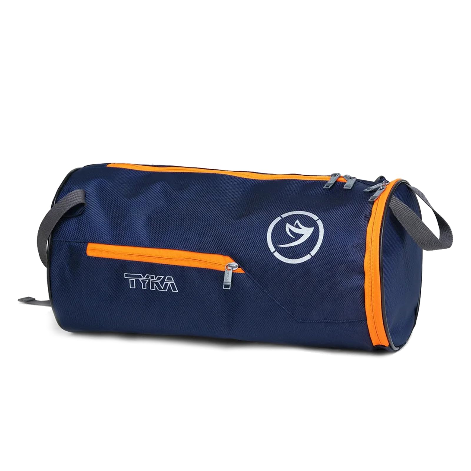 Round Gym Duffle Bag, Navy Blue with Orange Trim, Water-Repel Training Bag with Mesh Bottle Pocket, Adjustable Shoulder Strap, 8x8x16 inches-image-6