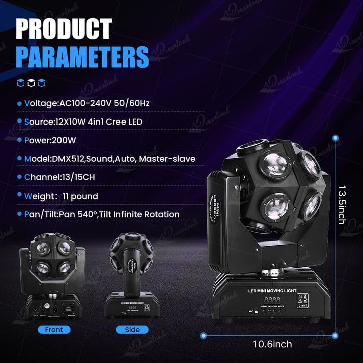 Miniatura 6 de Dreamland Luz de haz de cabeza móvil, LED RGBW, cabeza móvil, luces de discoteca DMX 512 con sonido activado para iluminación de escenario, fiesta,