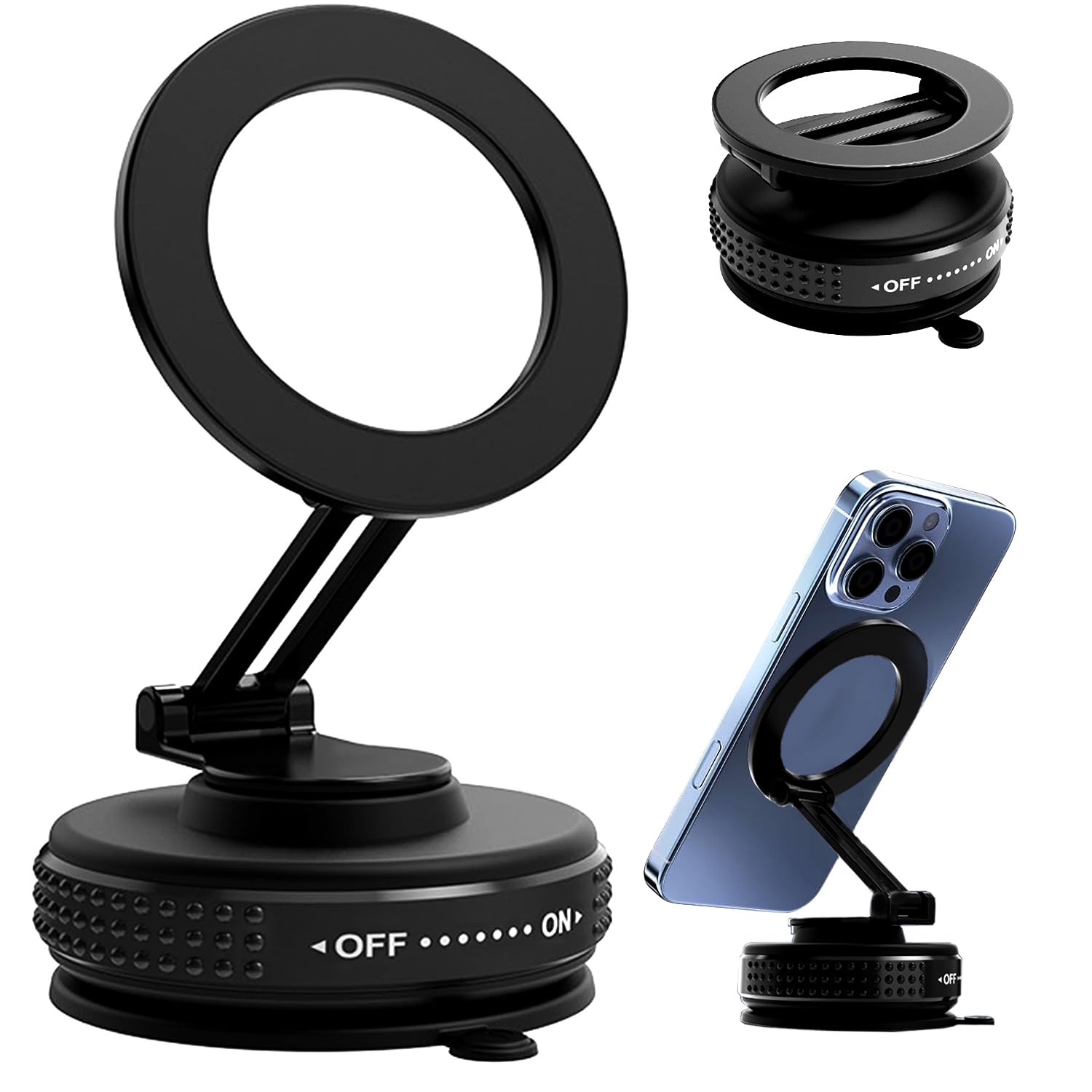 PEUJTEO Vacuum Magnetic car Phone Holder, Foldable and Retractable Hands-Free Suction Cup Phone Mount for Car/Gym/Mirror/Smooth Surface, Compatible