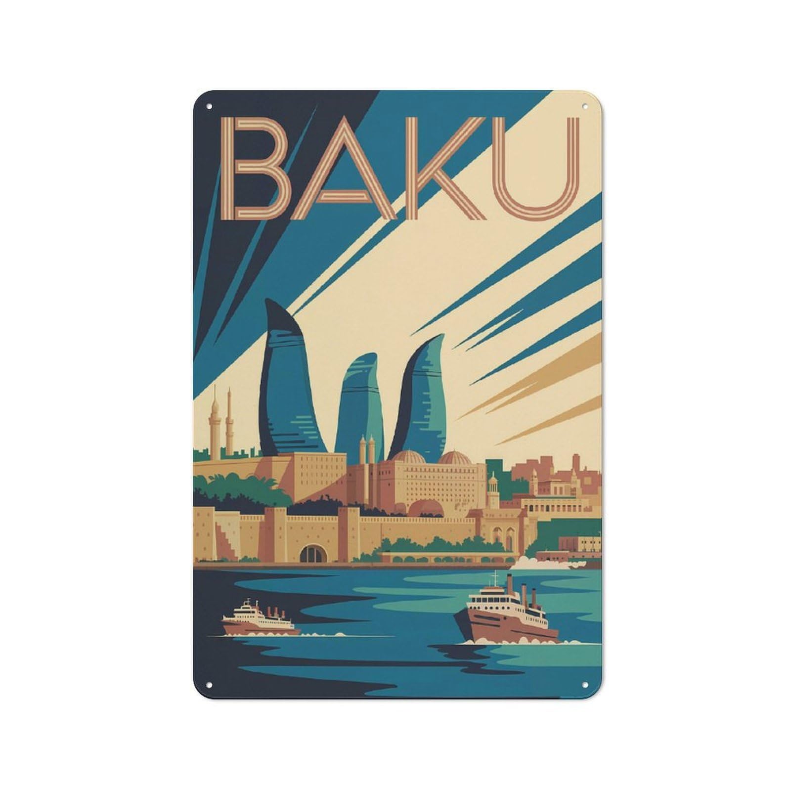 Junmoney Style-12 Baku Cityscape Travel (3) Retro Tin Wall Plaque 30X20cm For Hobby Room Or Studio, For Garage, Workshop And Man Cave Decoration