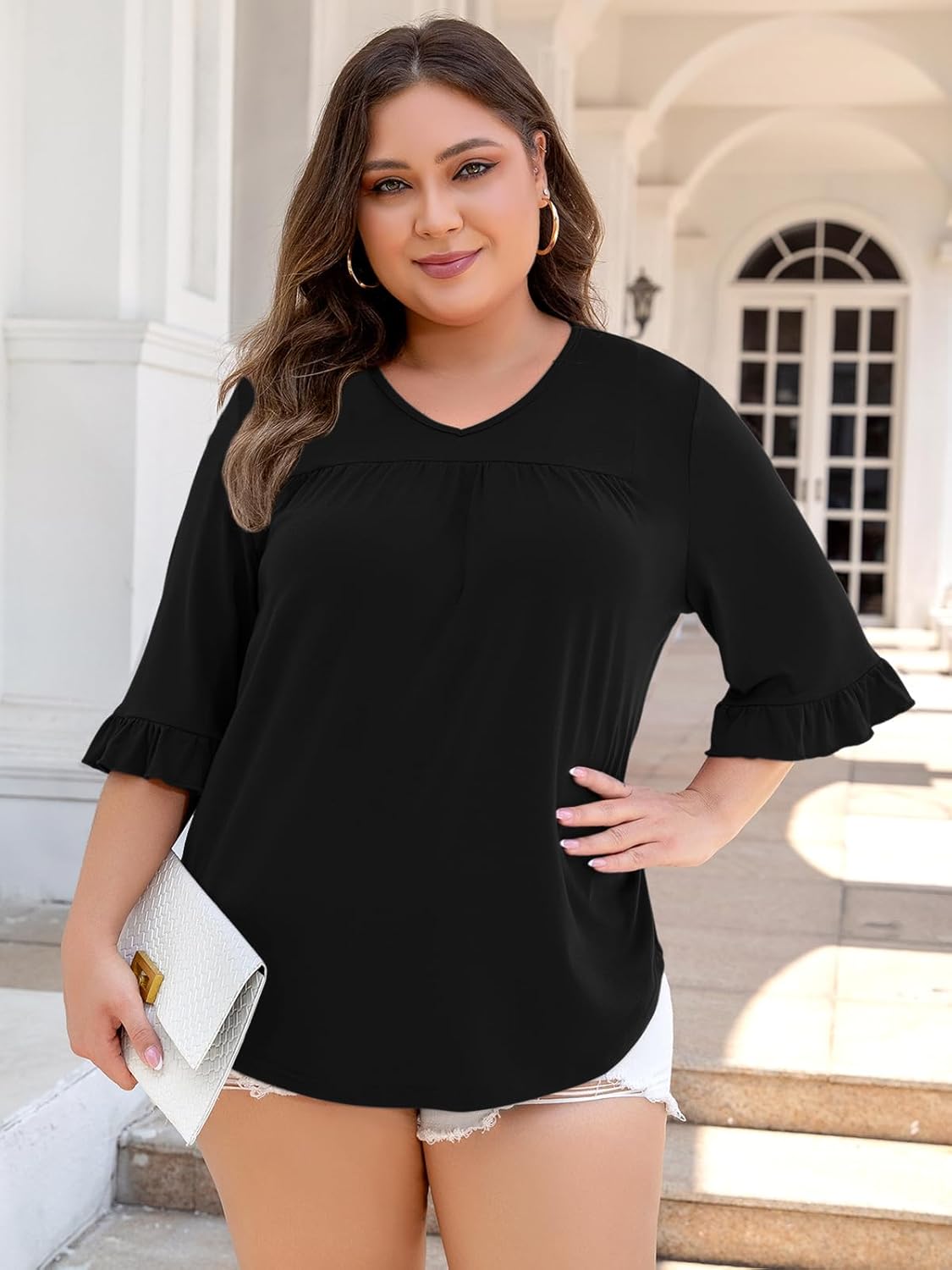 Chulianyouhuo Womens Plus Size Tops 3/4 Sleeve Casual Shirts V Neck Ruffle Loose Fit Tunic Blouse XL-5X - Image 2