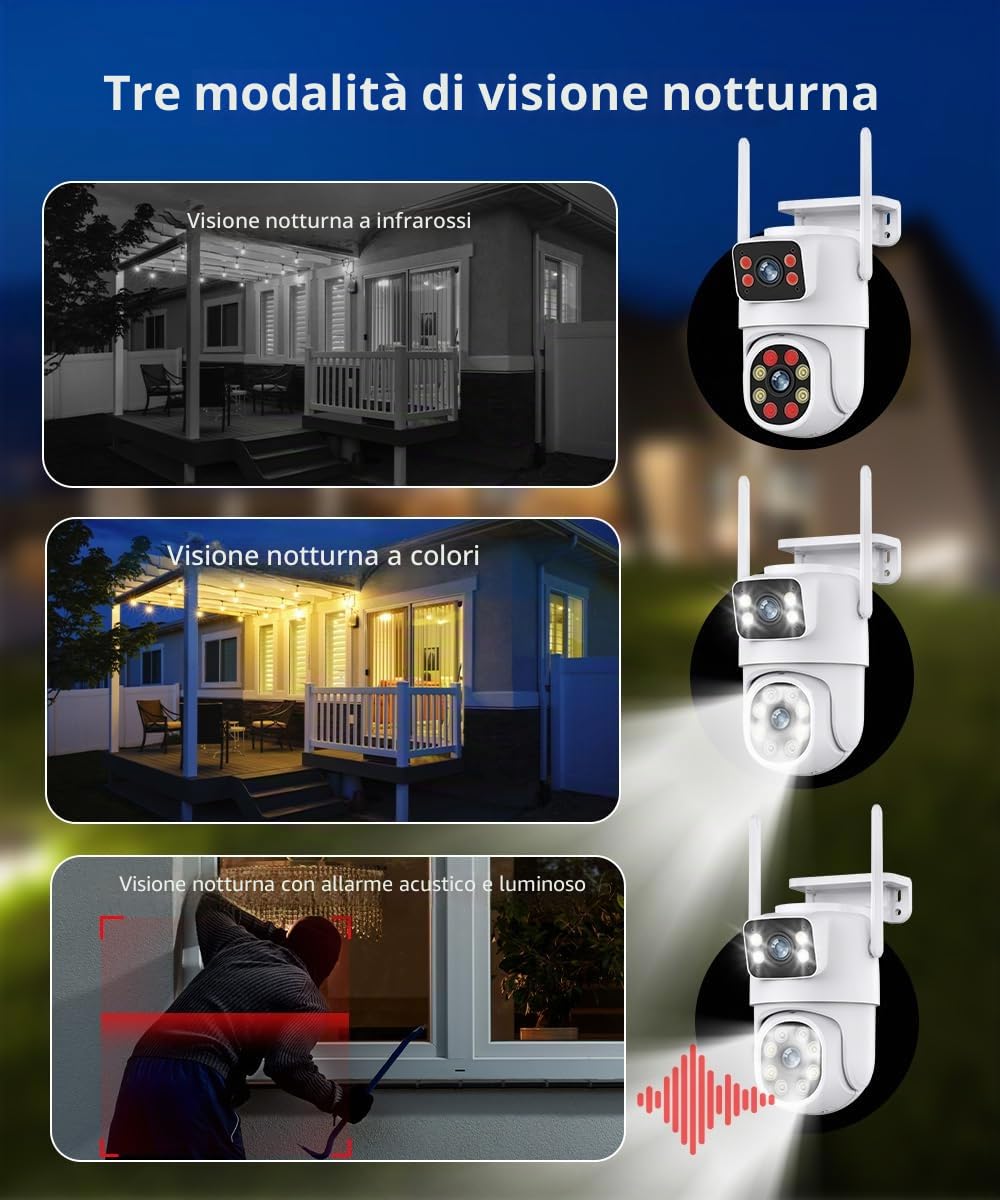 Telecamera Wi-Fi Esterno con Doppia Lente, 6 MP Telecamera Esterna IP PTZ Videocamera Sorveglianza 360° Telecamera di Sicurezza + 64 G Scheda SD Audio Bidirezionale Visione Notturna Tracciamento Auto
