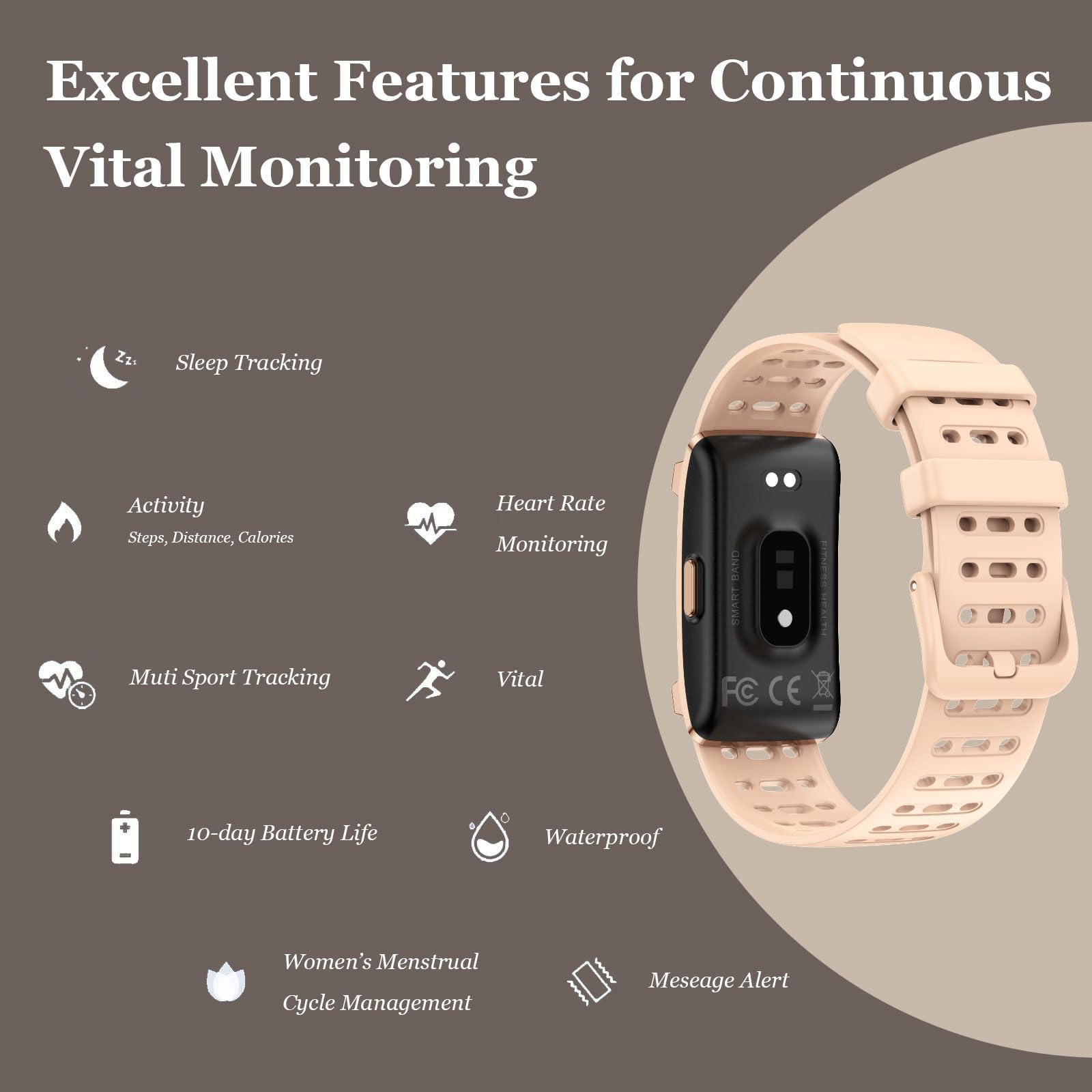 findtime Tracker d'activité sans écran - Podomètre portable - Moniteur de fréquence cardiaque - Moniteur de sommeil - Mesure de la fréquence cardiaque - Bracelet en nylon - Mode multisports - Or rose