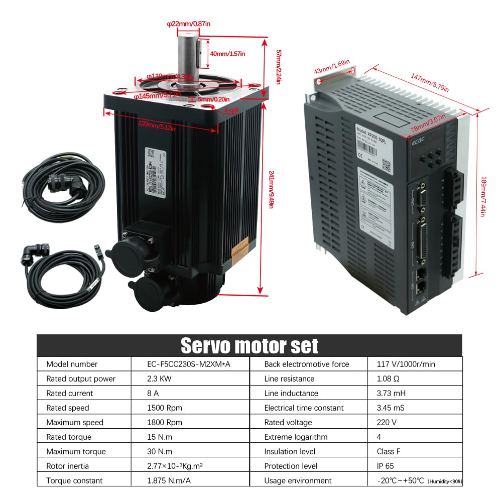 HLTNC EC Serie AC Servomotor-Set mit Treiber & 3 m Leitungen, 1,8 kW / 2,3 kW / 3,8 kW, 220 V, IP65, für CNC und Industrieautomation (2,3KW)