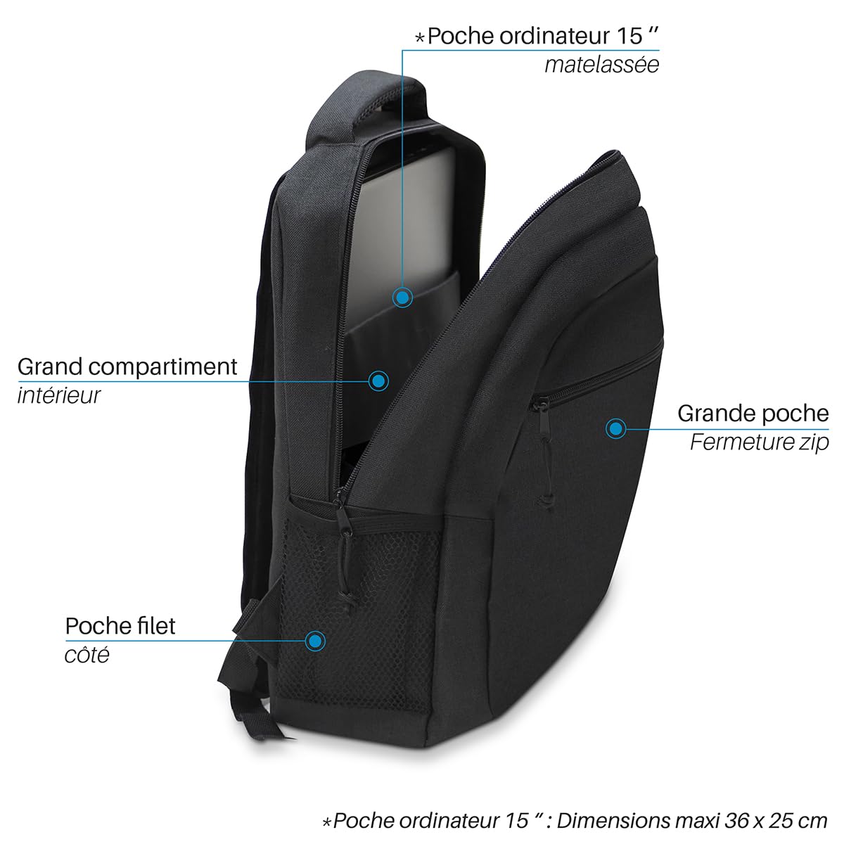 Waytex Sac à dos PC 15" 2 poches zippées Noir