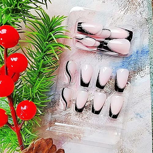 24Pcs French Tip Press On Nails Medium Fake Nails Black Glitter Stick On Nails European And American Stripes Glue On Nails Square Shaped Design Acrylic False Nails For Women Or Girl Manicure #TOP4