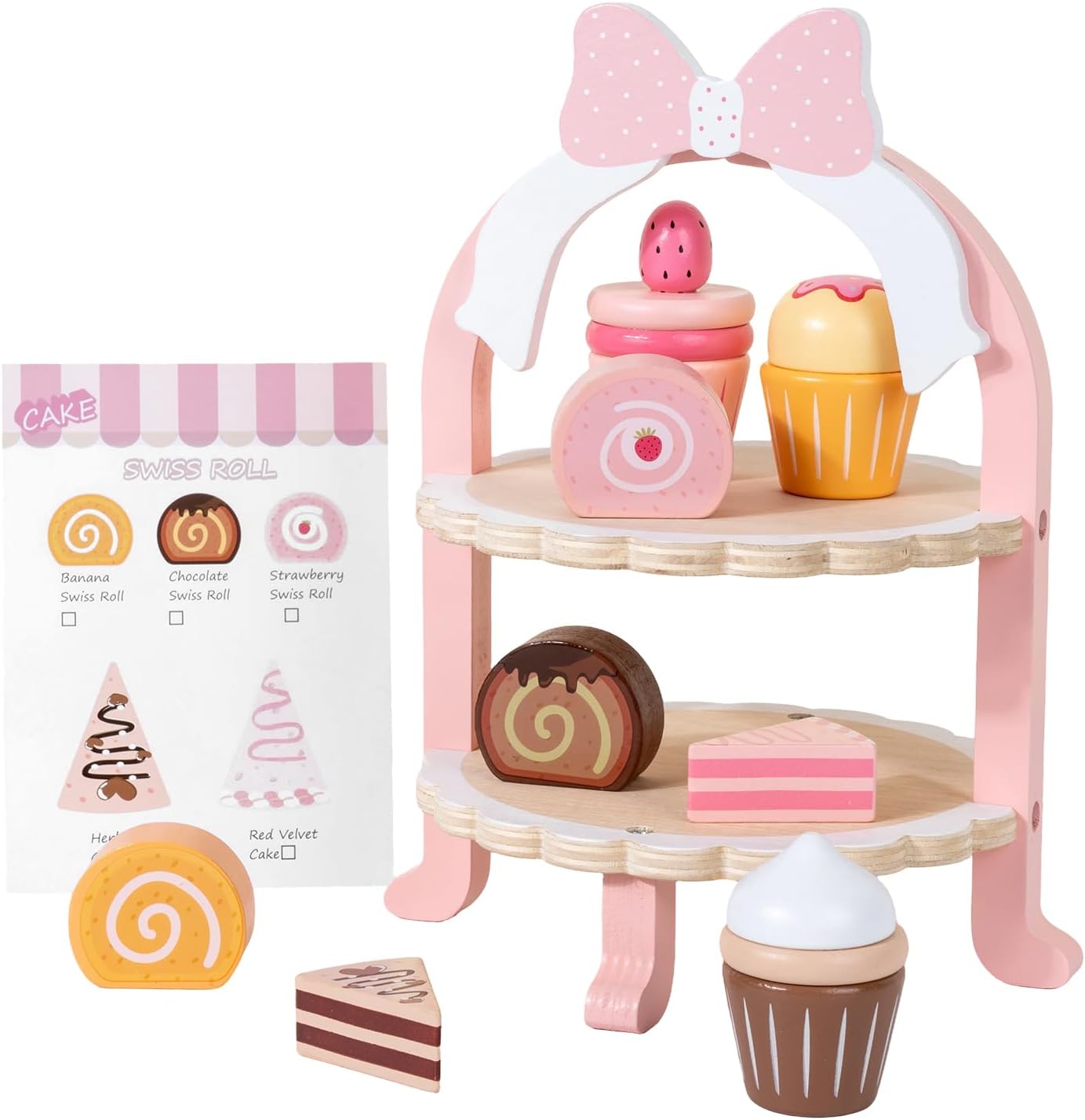 Wooden Cake Toy Tea Party Set Pretend Play Fake Food for 3-5 Girls Kitchen image 3