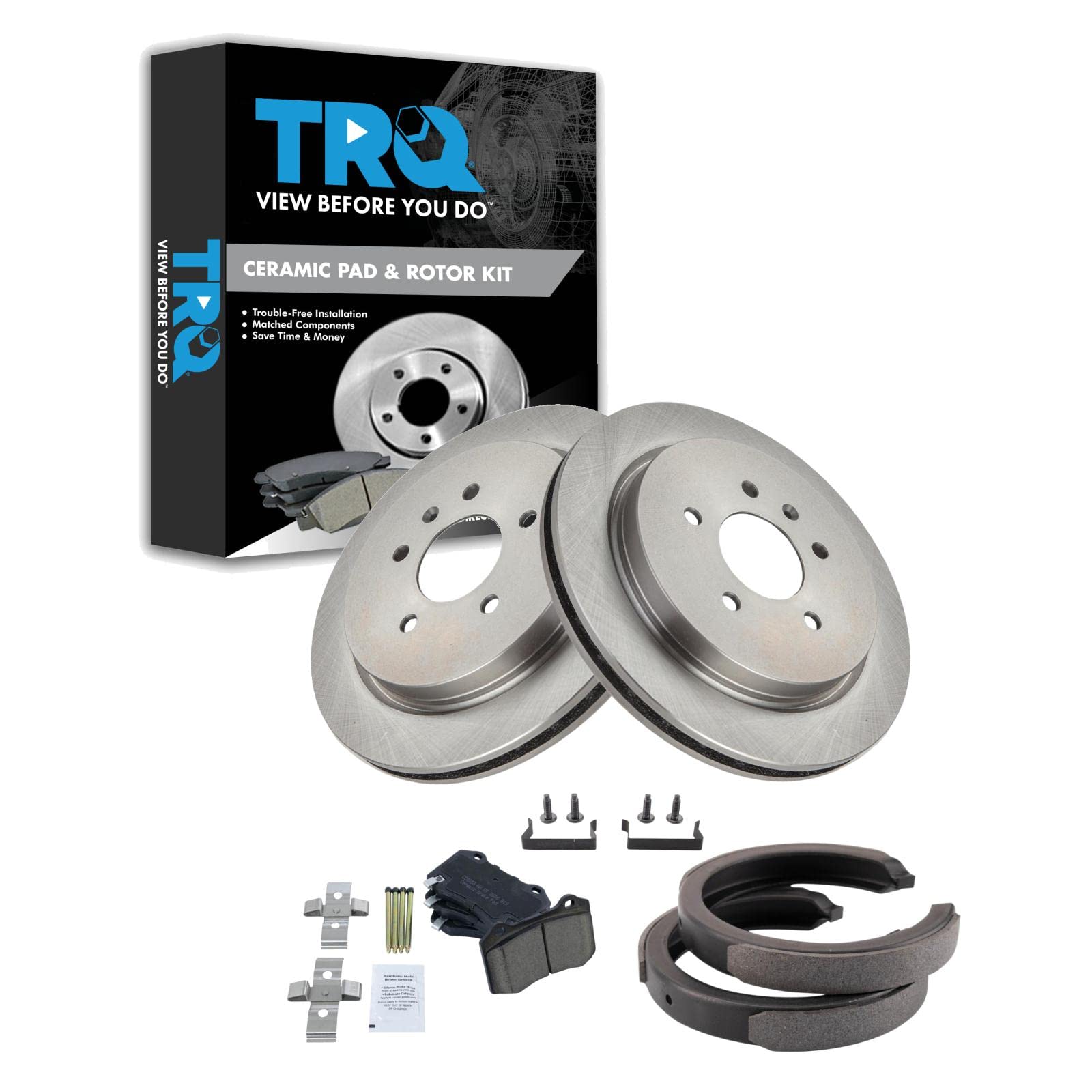 TRQ Rear Brake Pad and Rotor Set Ceramic Parking Shoe Compatible with 2006-2008 Cadillac STS